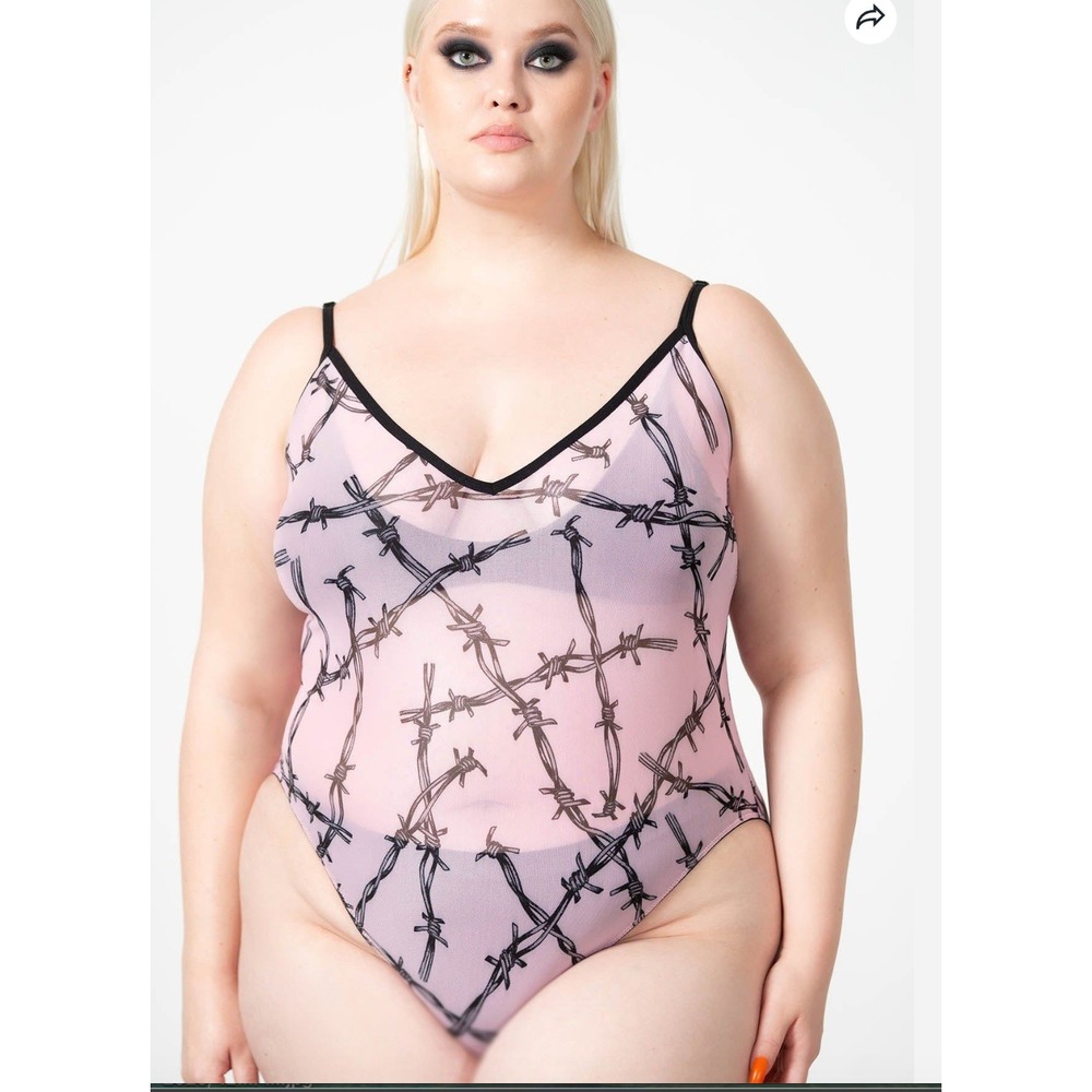 Killstar Contortion Bodysuit Pink Mesh Barbed Wire Print Small Alternative Goth